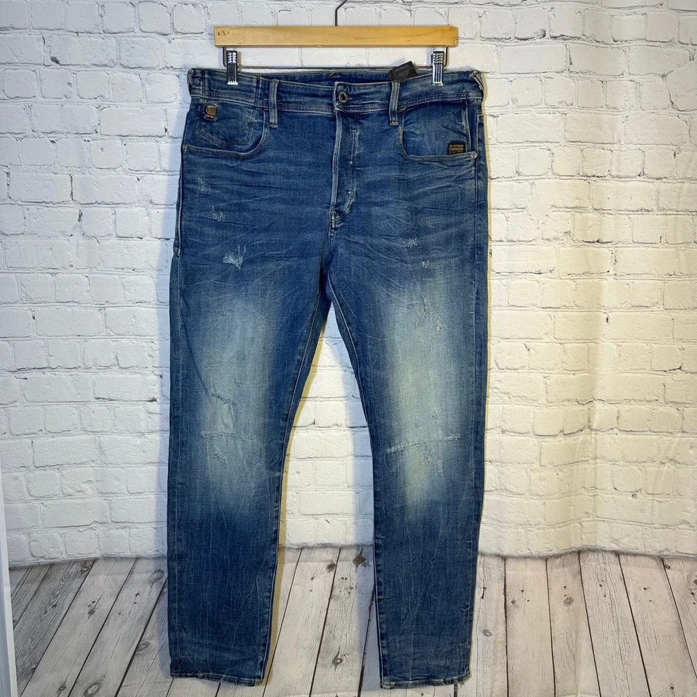 G-Star Raw 3301 Slim‎ Jeans Mens 35 Blue Medium Wash Distressed Denim Button Fly